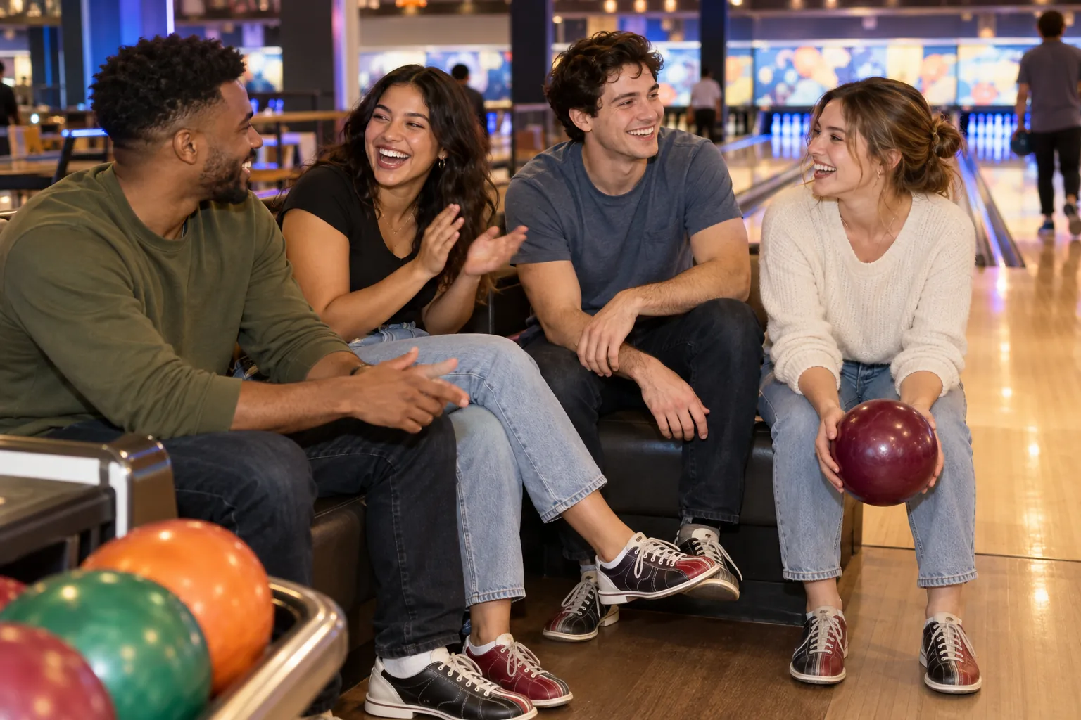 Illustration: Young adults take part in singles bowling social with people chatting between turns.