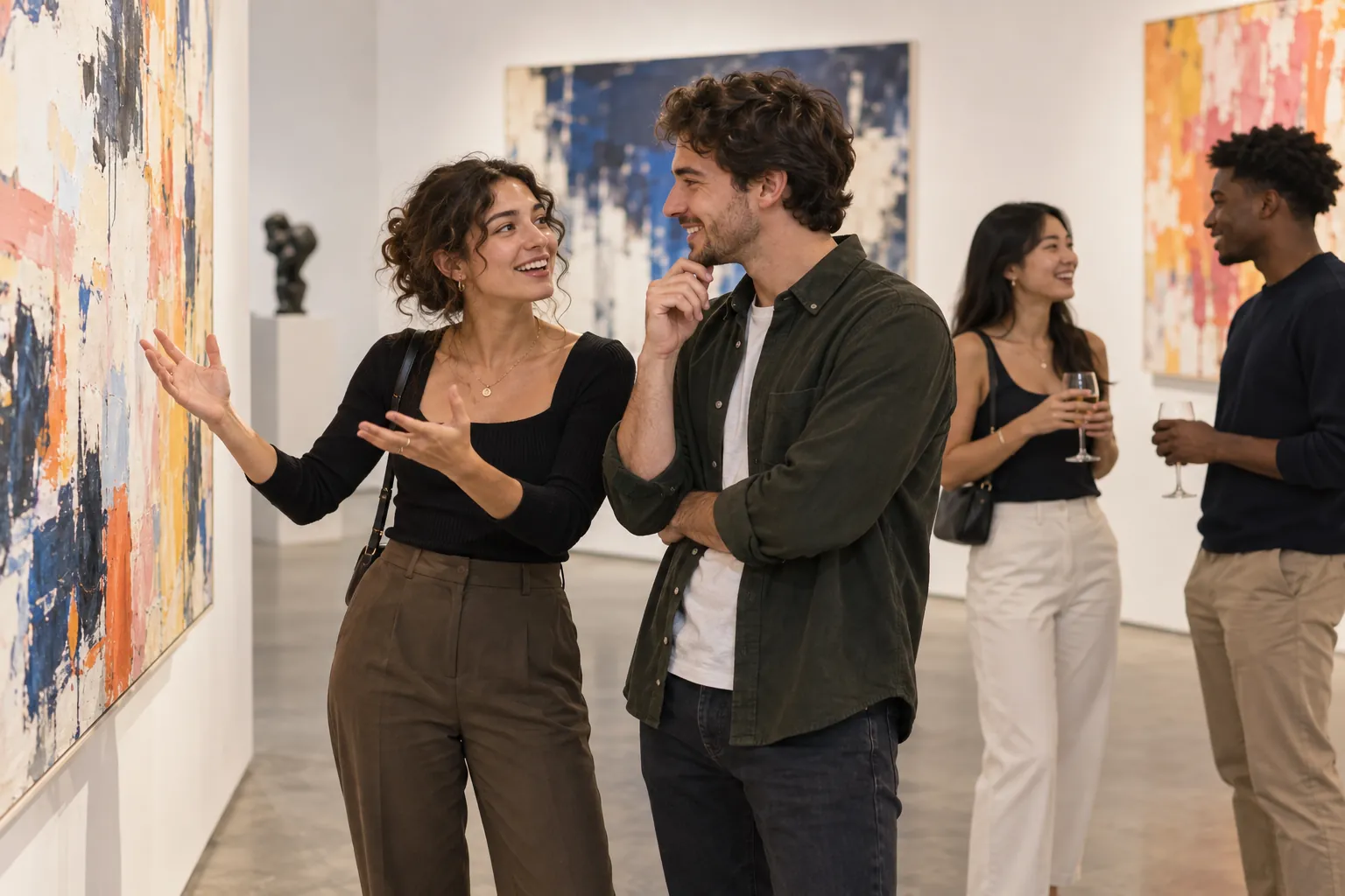 Illustration: Young adults take part in gallery-night mixer with people talking about art.