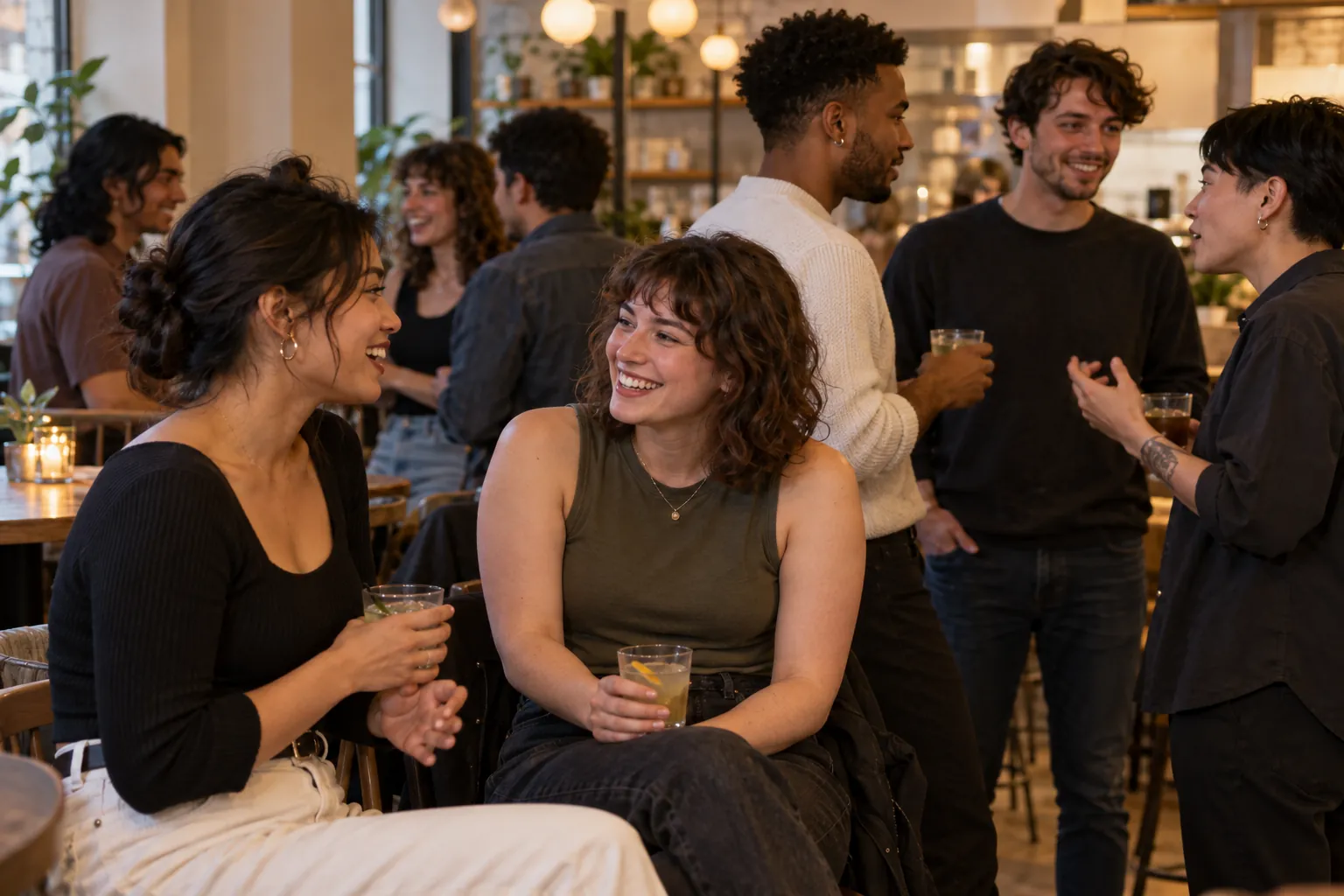 Illustration: Young adults take part in welcoming LGBTQ+ singles mixer.