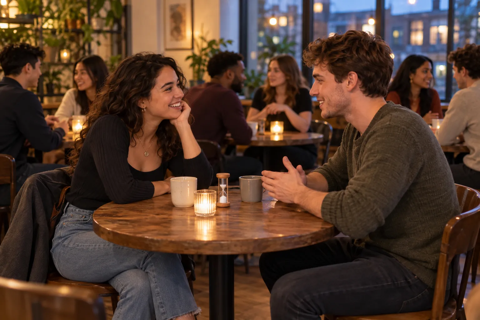 Illustration: Young adults take part in speed dating at small café tables with a plain sand timer.