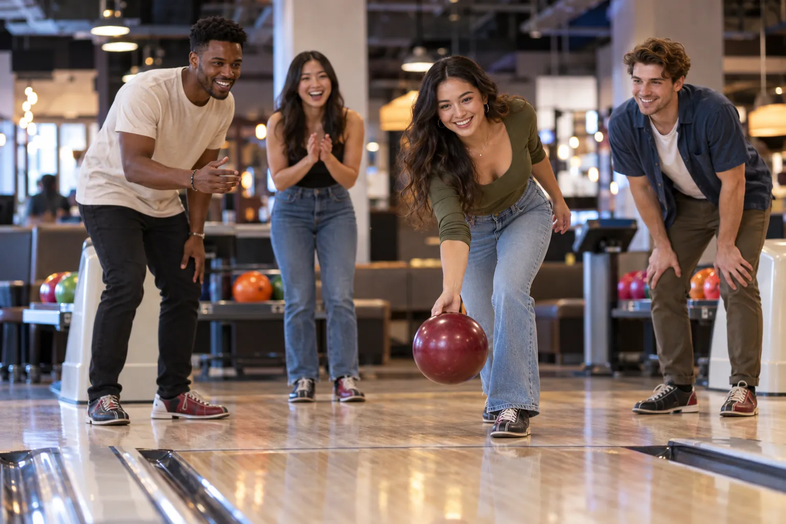 Illustration: Young adults enjoy a casual singles social at a bowling alley.