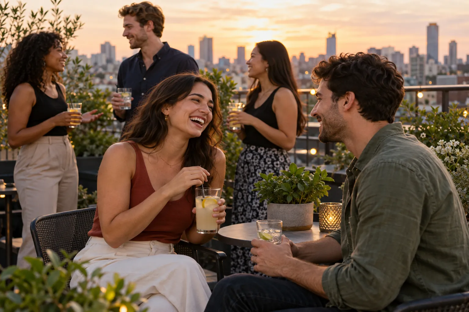 Illustration: Young adults take part in singles mixer on a rooftop at sunset.
