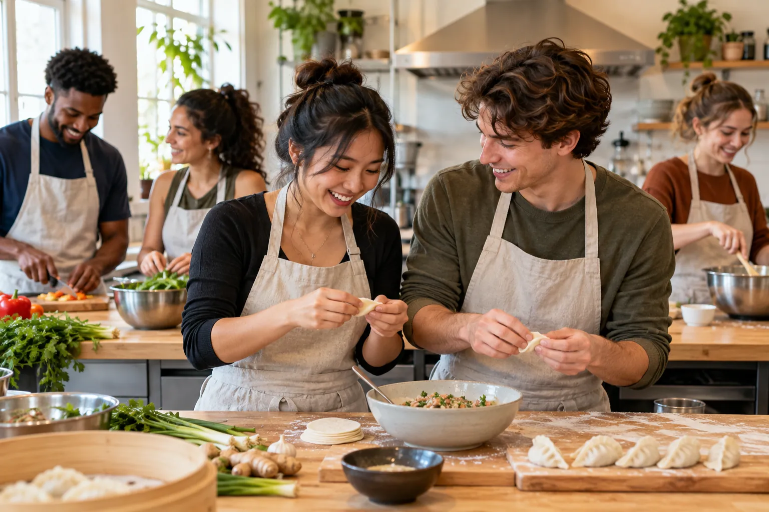 Young adults take part in paired cooking-class activity mixer.