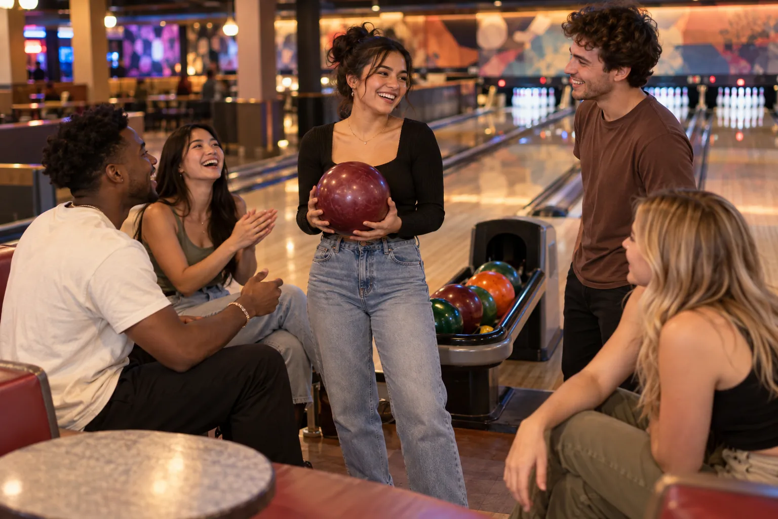 Illustration: Young adults take part in singles bowling social with people chatting between turns.