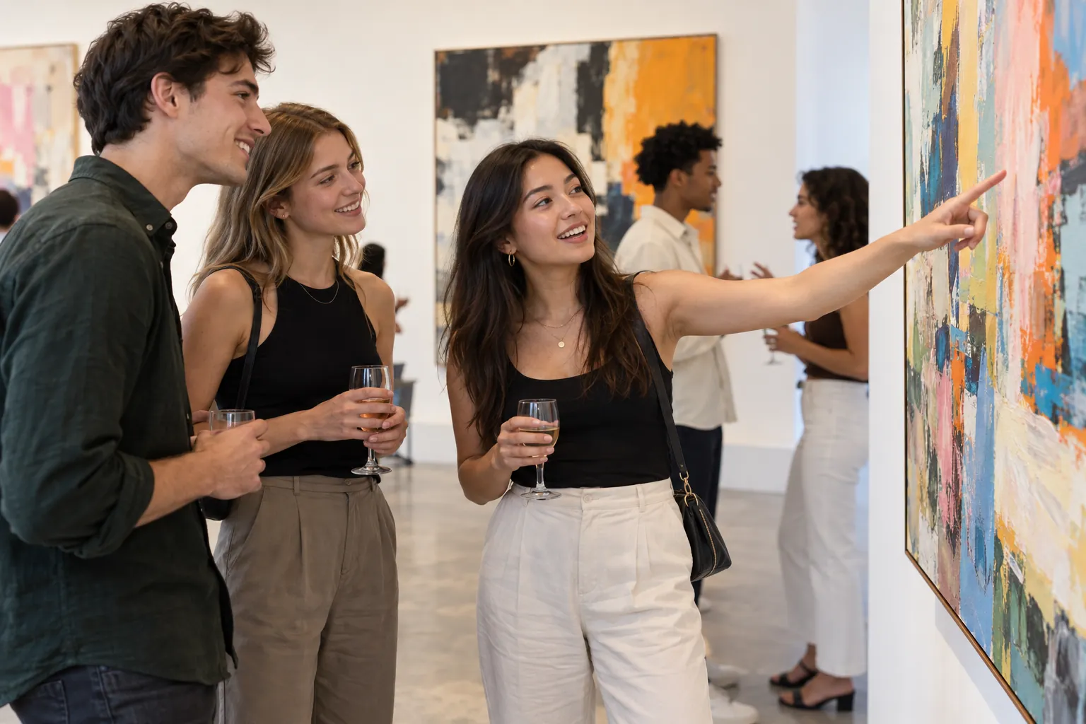Illustration: Young adults take part in gallery-night mixer with people talking about art.