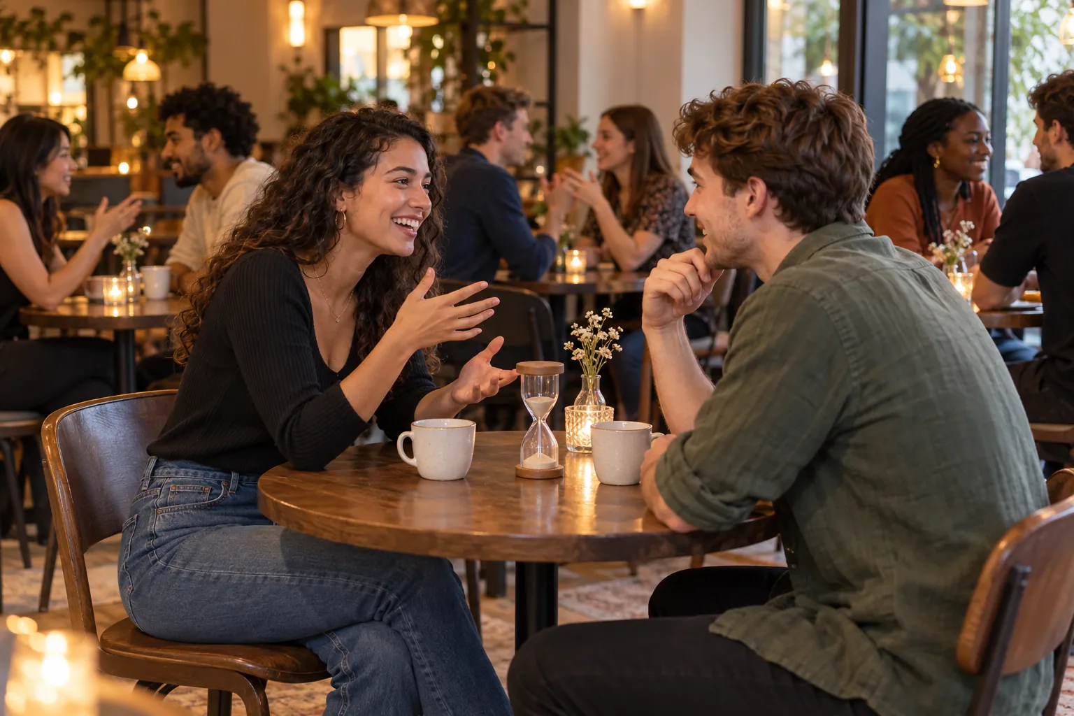 Illustration: Equipment for speed dating at small café tables with a plain sand timer, arranged in an activity setting without people.