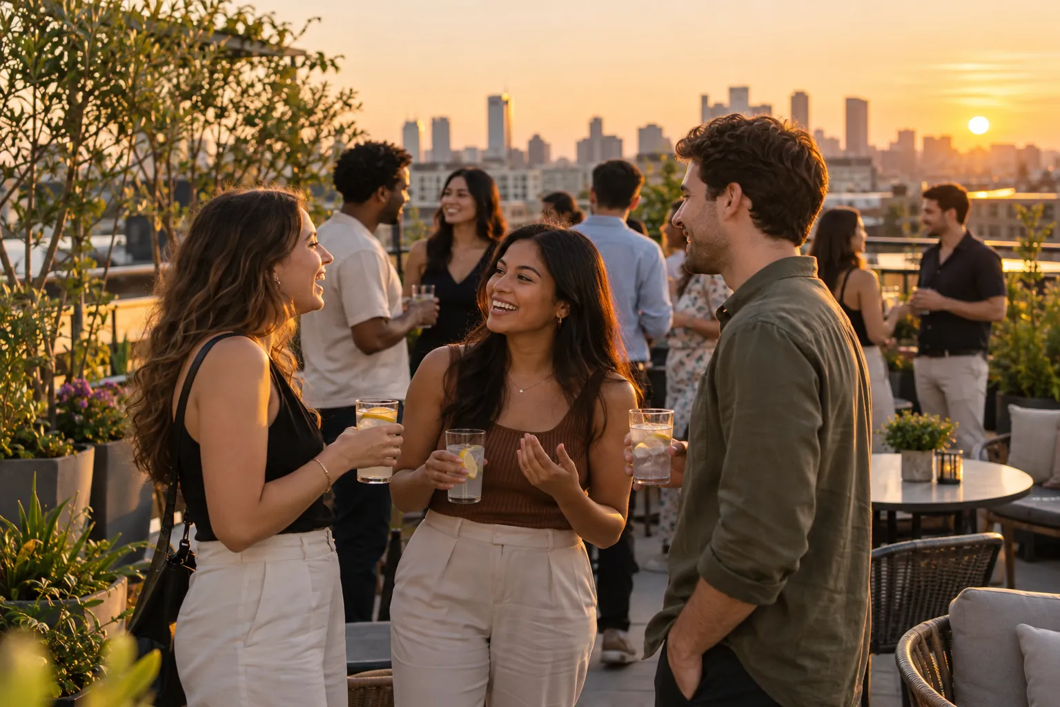 Illustration: Equipment for singles mixer on a rooftop at sunset, arranged in an activity setting without people.