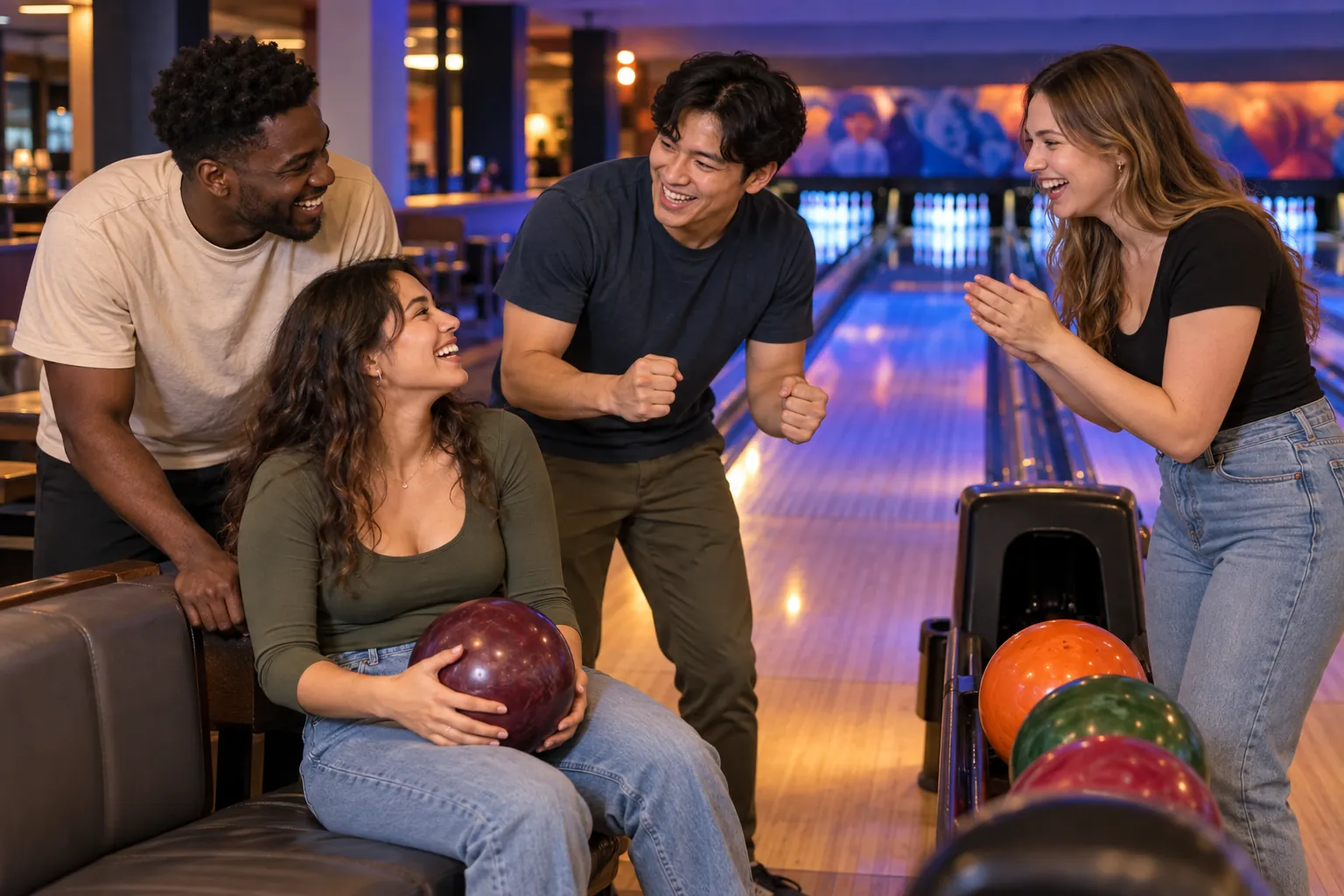 Illustration: Equipment for singles bowling social with people chatting between turns, arranged in an activity setting without people.