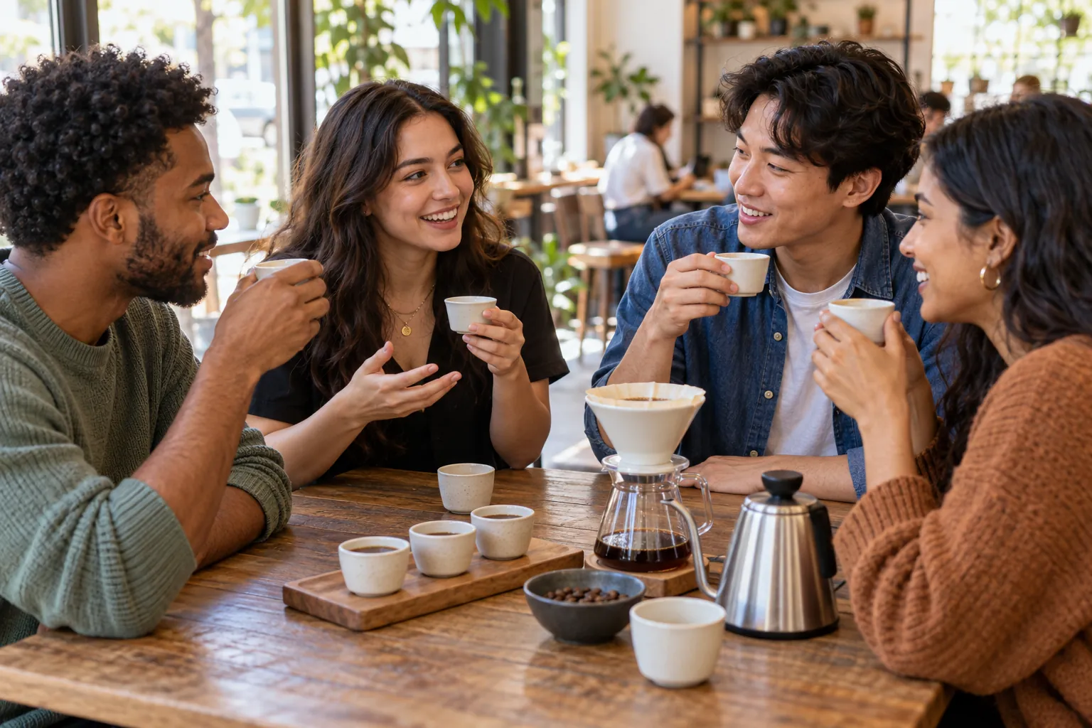 Illustration: Equipment for casual tasting event for singles, arranged in an activity setting without people.