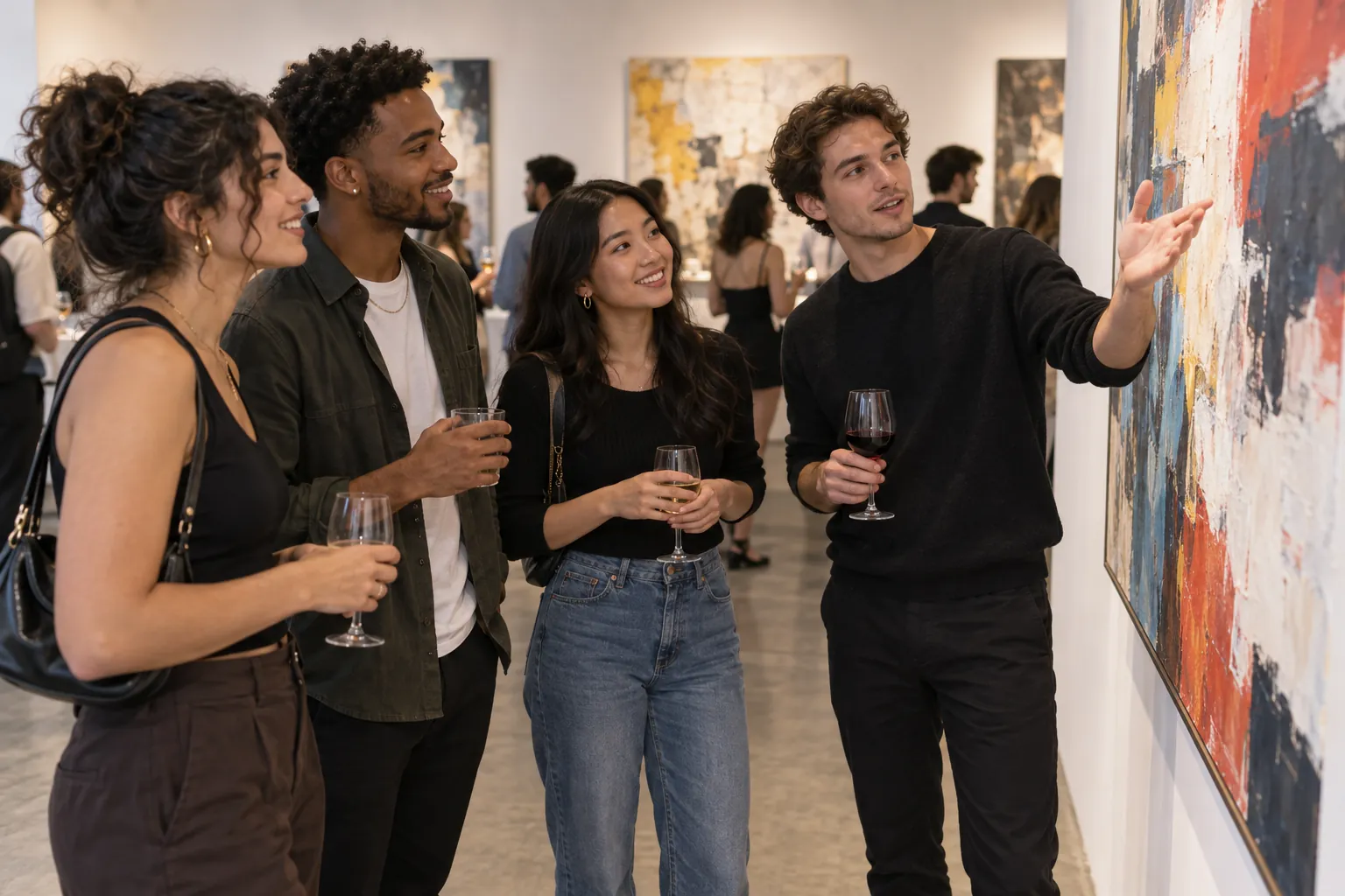 Illustration: Equipment for gallery-night mixer with people talking about art, arranged in an activity setting without people.