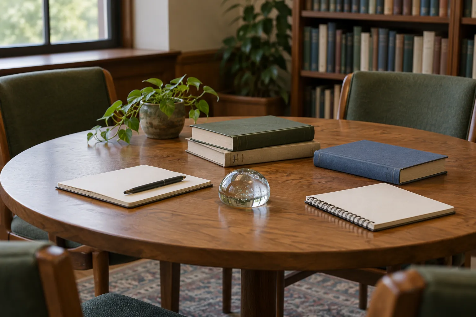 Illustration: Plain books and blank notebooks around an empty discussion table.