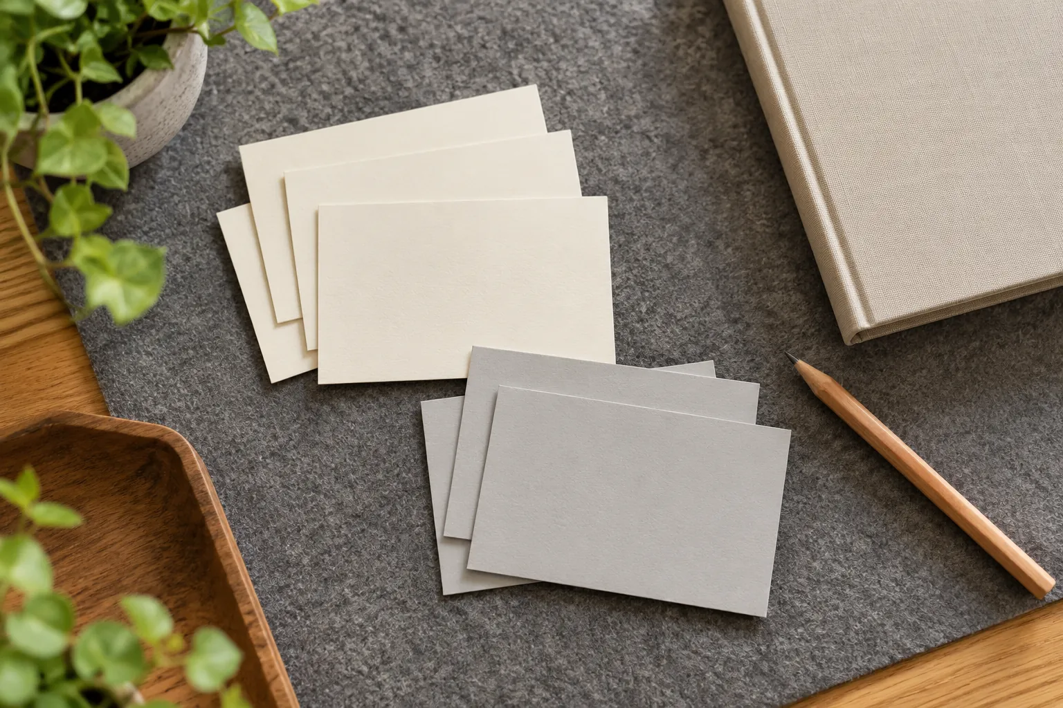 Illustration: Blank cards in two groups beside a plain book and pencil.