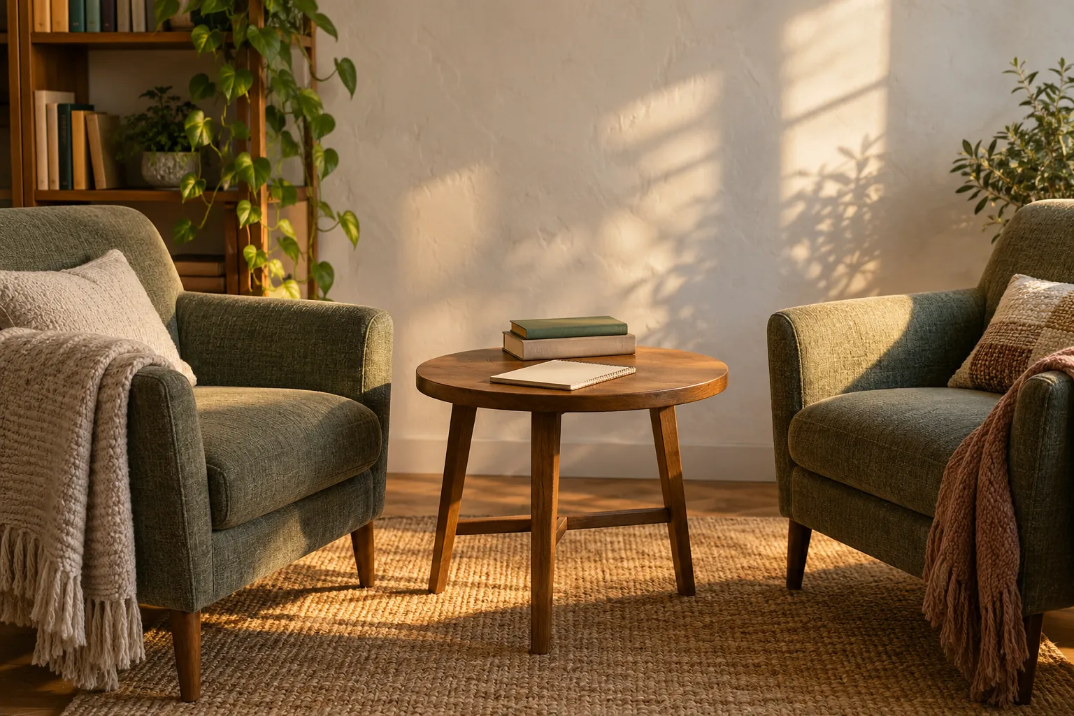 Illustration: Plain books and a blank notebook between two empty armchairs.