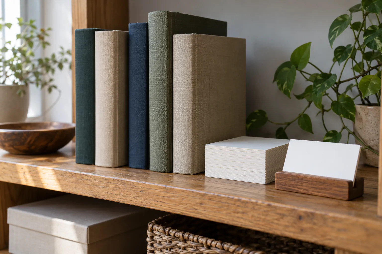 Illustration: Plain reference volumes and blank note cards on a low shelf.