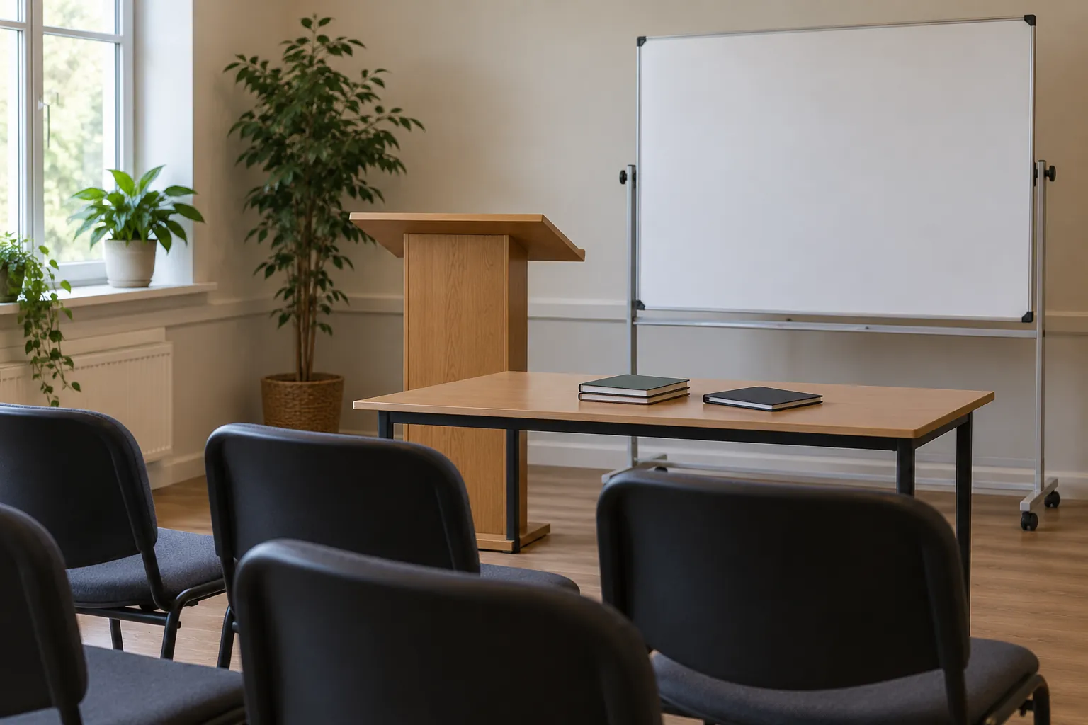Illustration: A lectern, blank display board and empty chairs in a learning room.