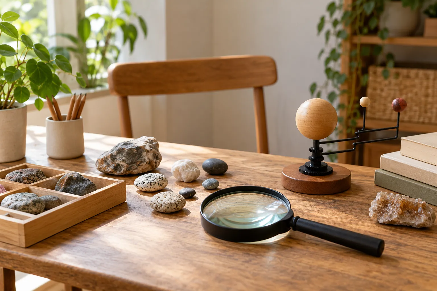 Illustration: A magnifying lens, stones and a mechanical model on a demonstration table.