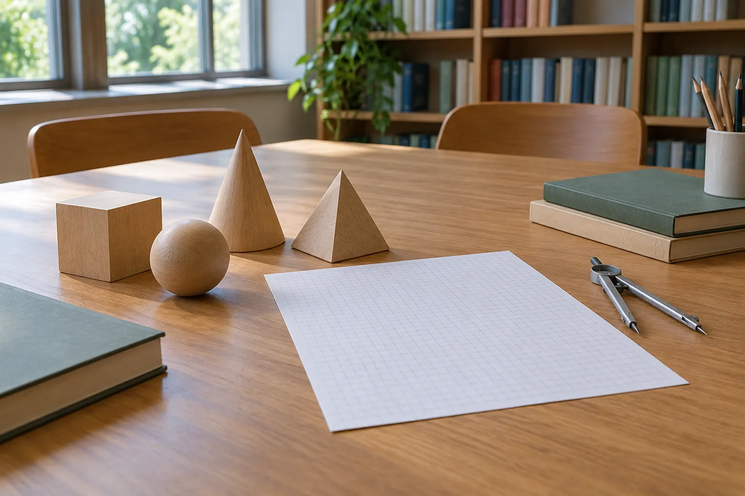 Illustration: Geometric solids, a compass and blank squared paper on a study table.