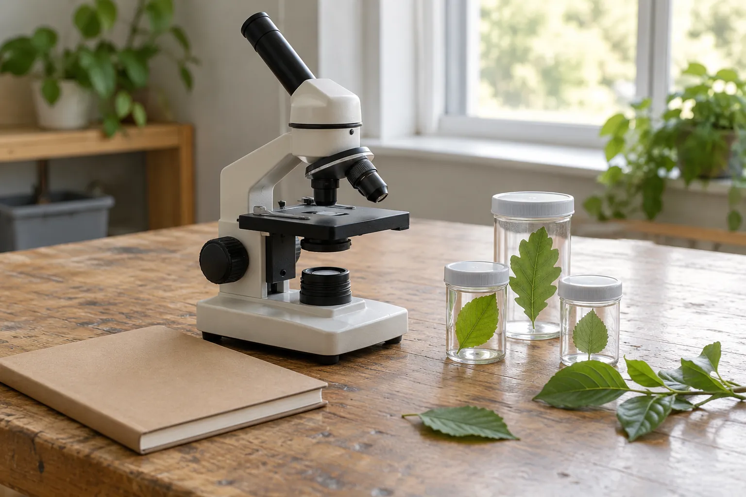 Illustration: A microscope, notebook and sealed leaf samples on a classroom bench.