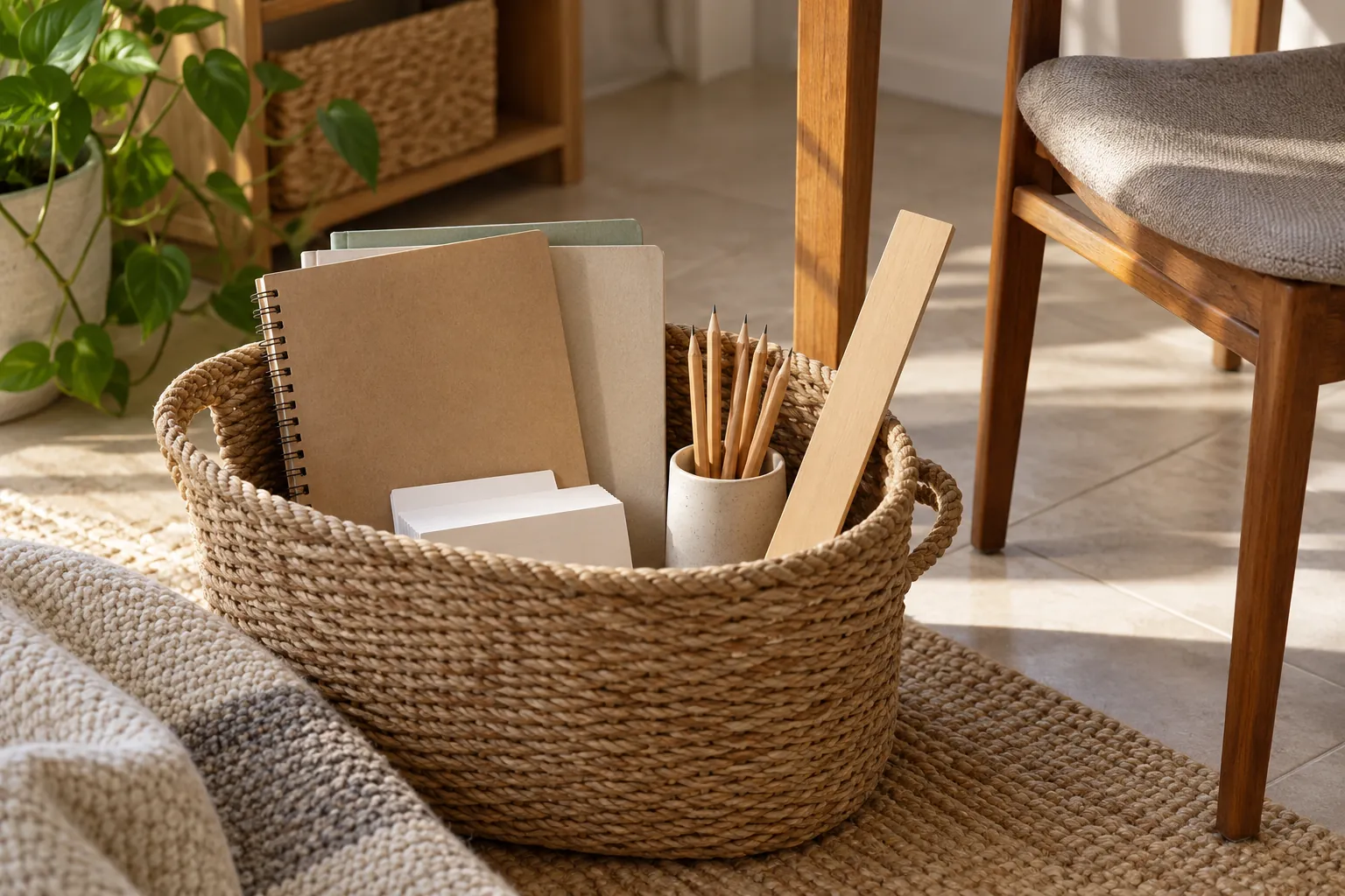 Illustration: A basket of study materials beside an empty chair.