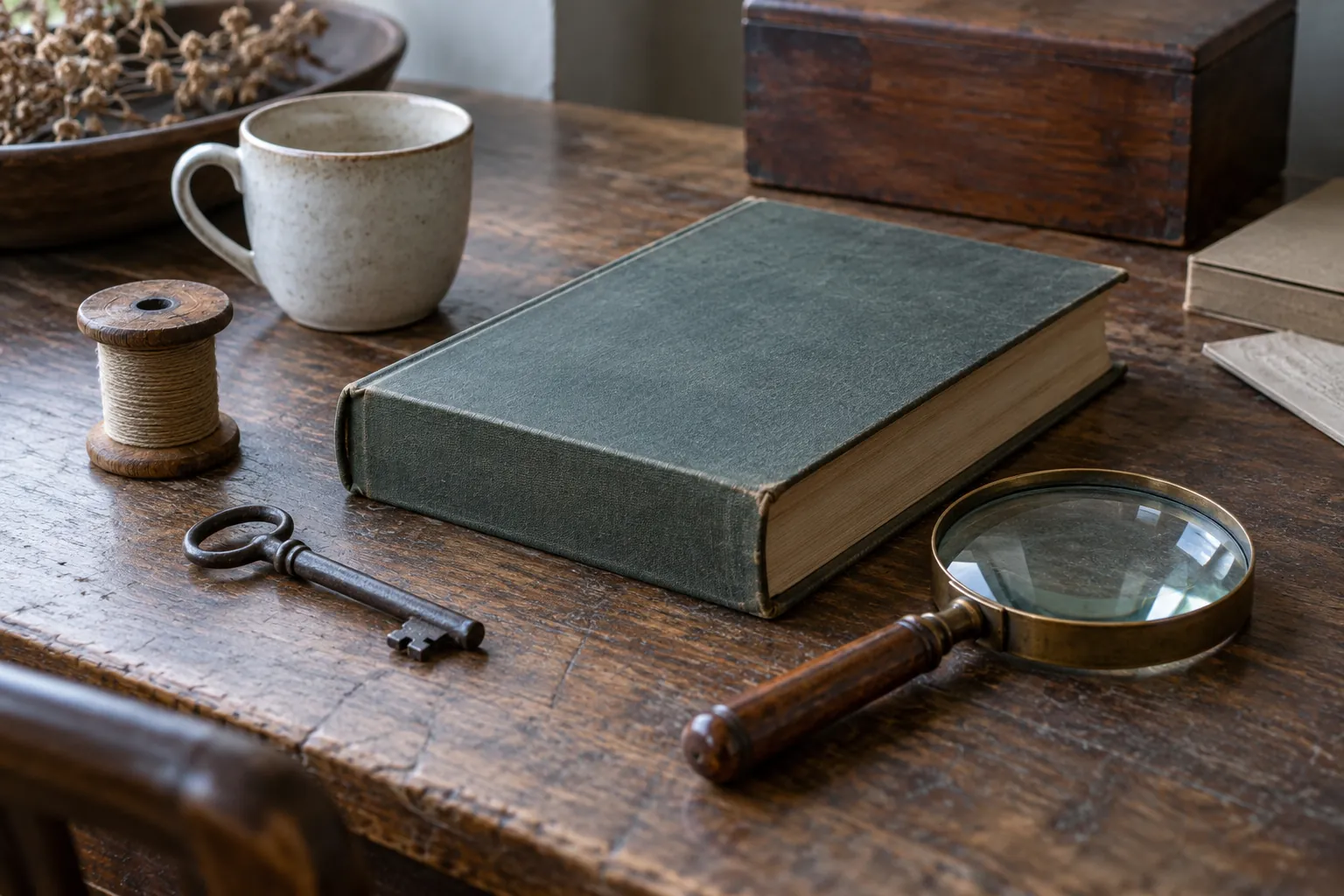 Illustration: Everyday old objects beside a plain book and magnifying glass.