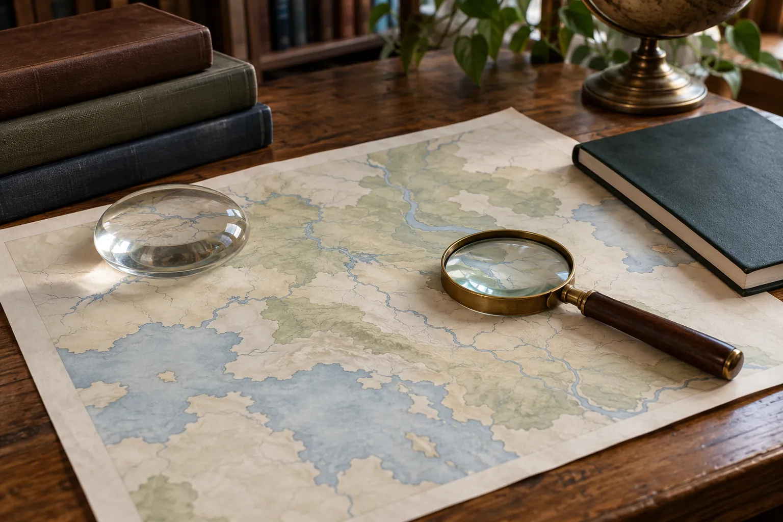 Illustration: An unlabelled map-like sheet, magnifying lens and notebook on a table.
