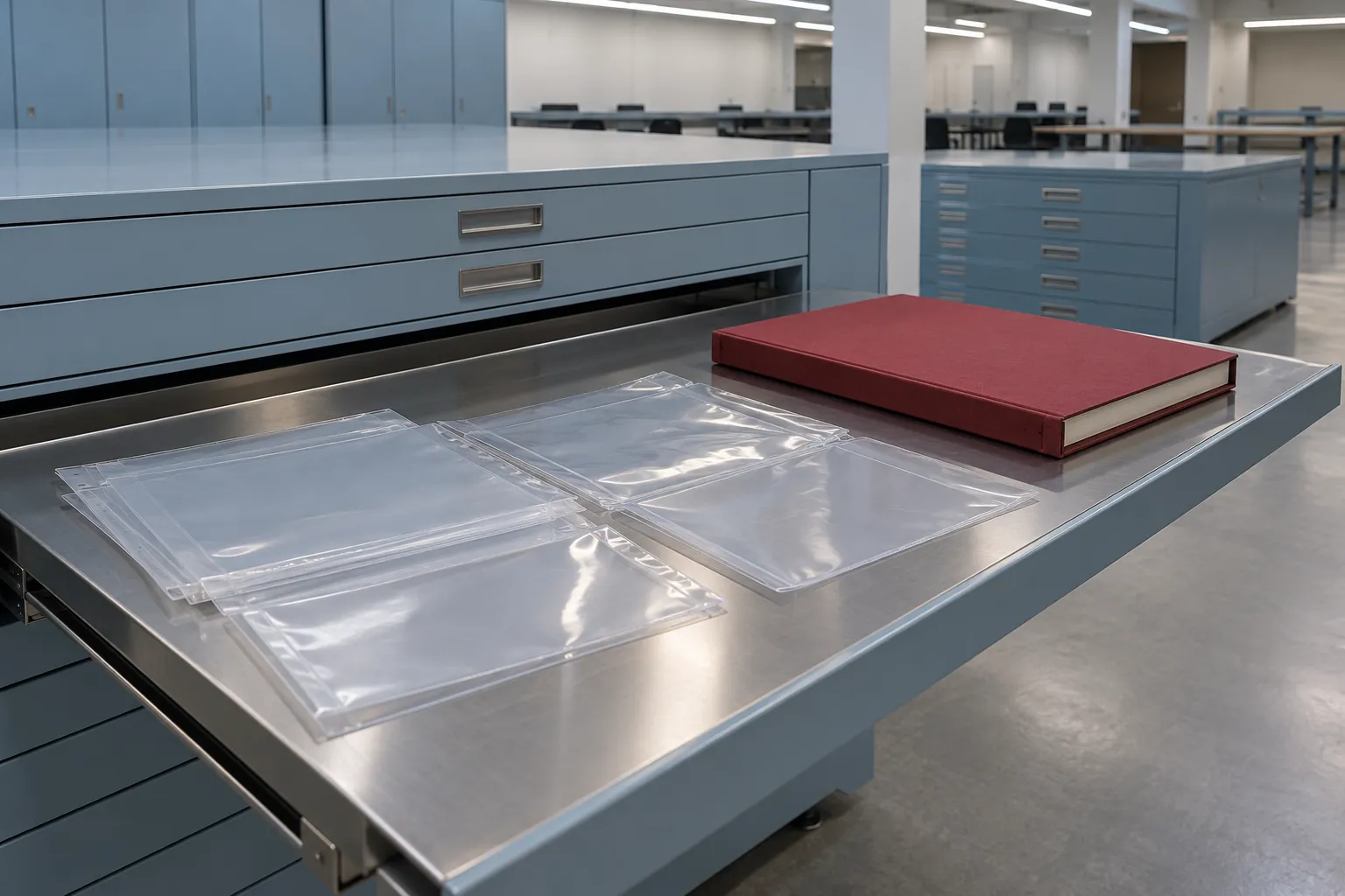 Illustration: Archival sleeves and a red folio on a stainless examination shelf.