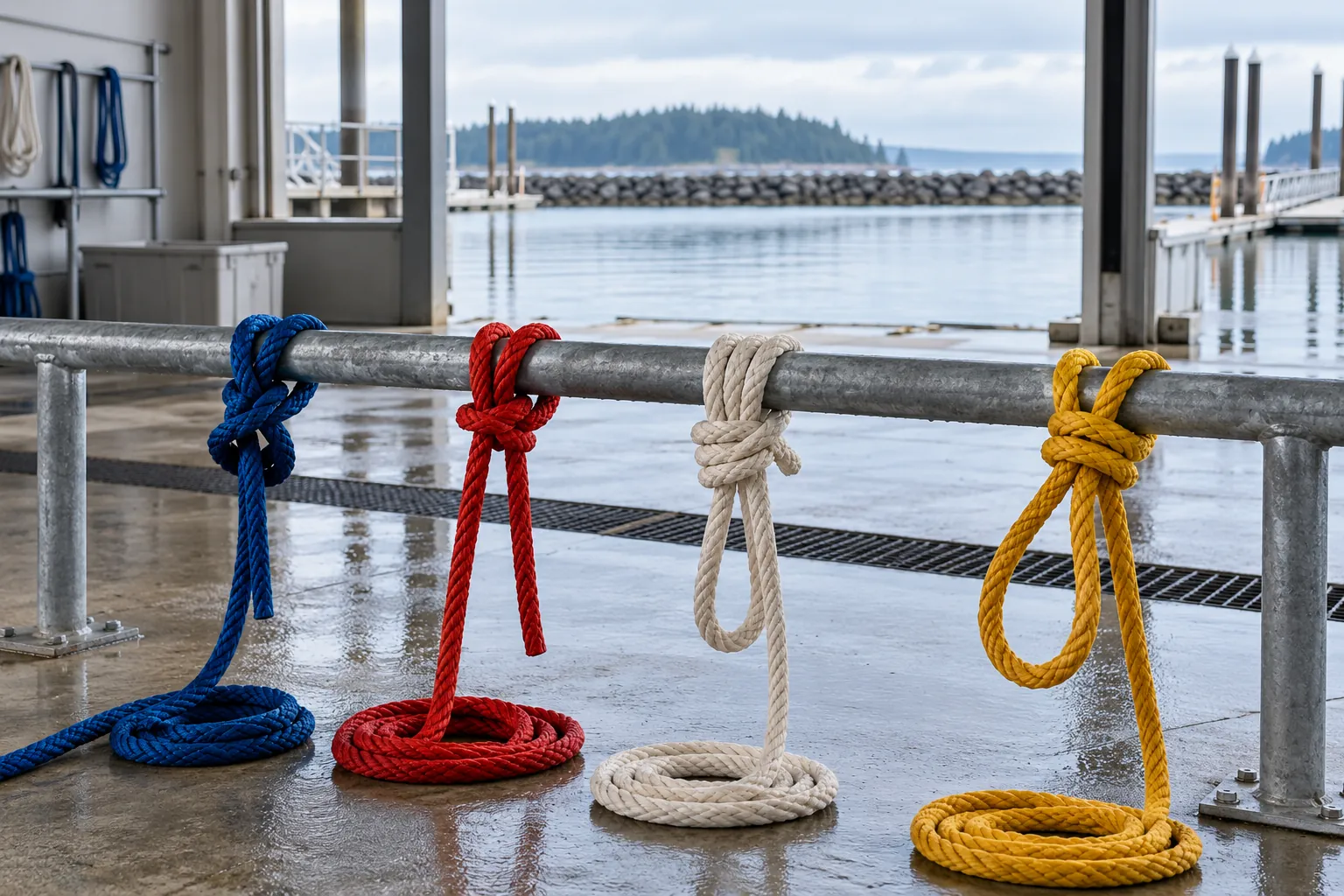 Illustration: Colored practice ropes tied along a harbor classroom rail.