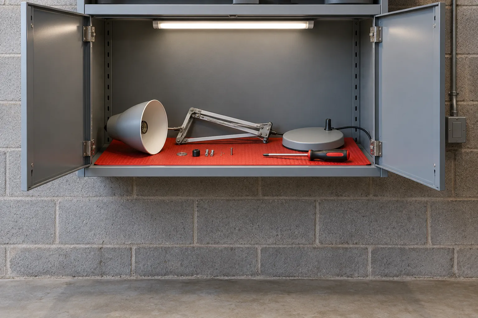 Illustration: A dismantled lamp and screwdriver in a wall-mounted repair bay.