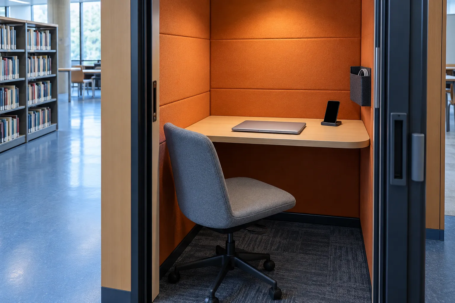 Illustration: A laptop and phone prepared in an orange library booth.