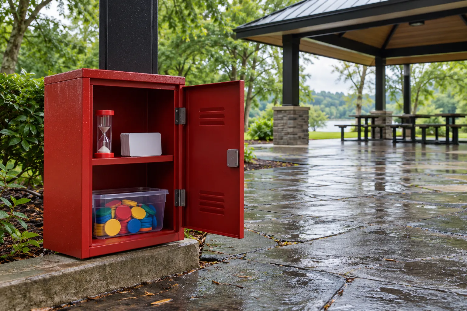Illustration: Conversation materials inside a red park-pavilion locker.