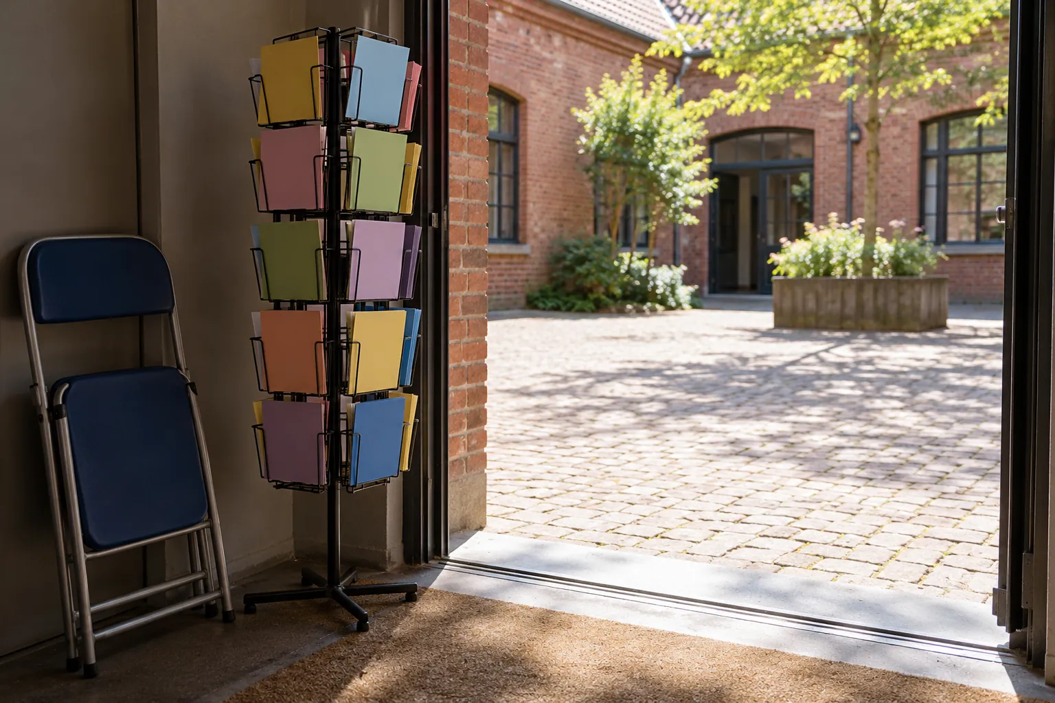 Illustration: Blank topic cards displayed at a courtyard-classroom doorway.