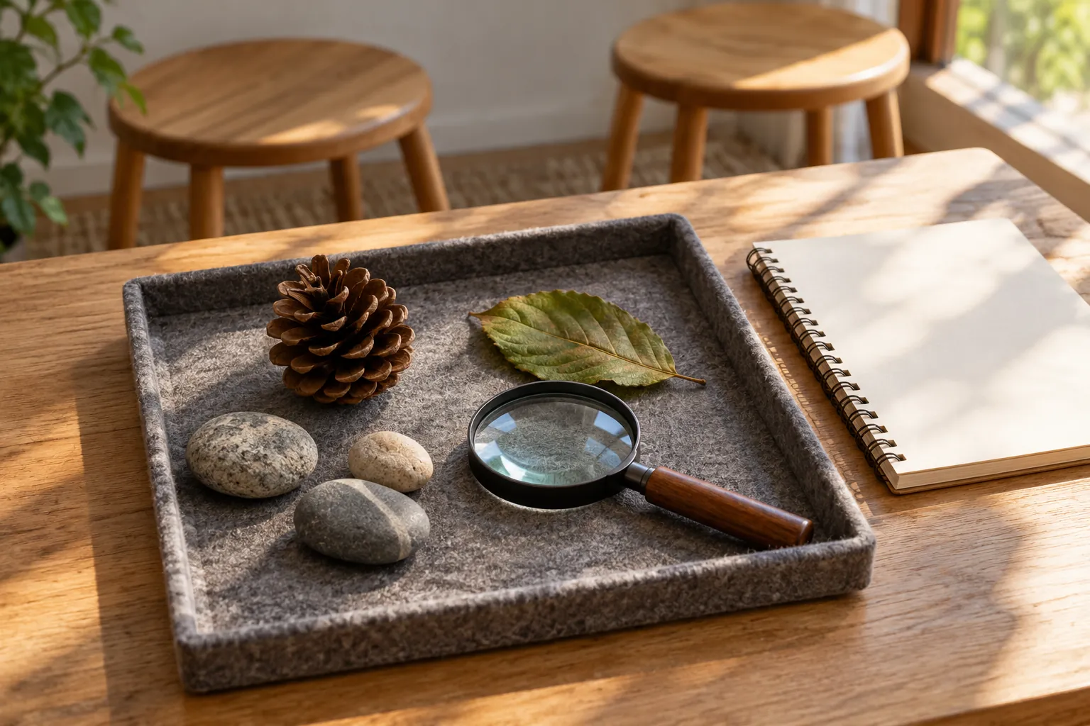 Illustration: Natural objects and a magnifying glass beside an observation notebook.