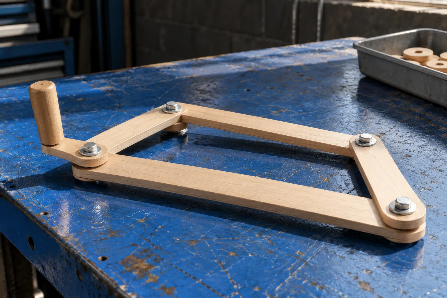 Illustration: A wooden linkage with visible metal pivots on a scratched blue steel bench.