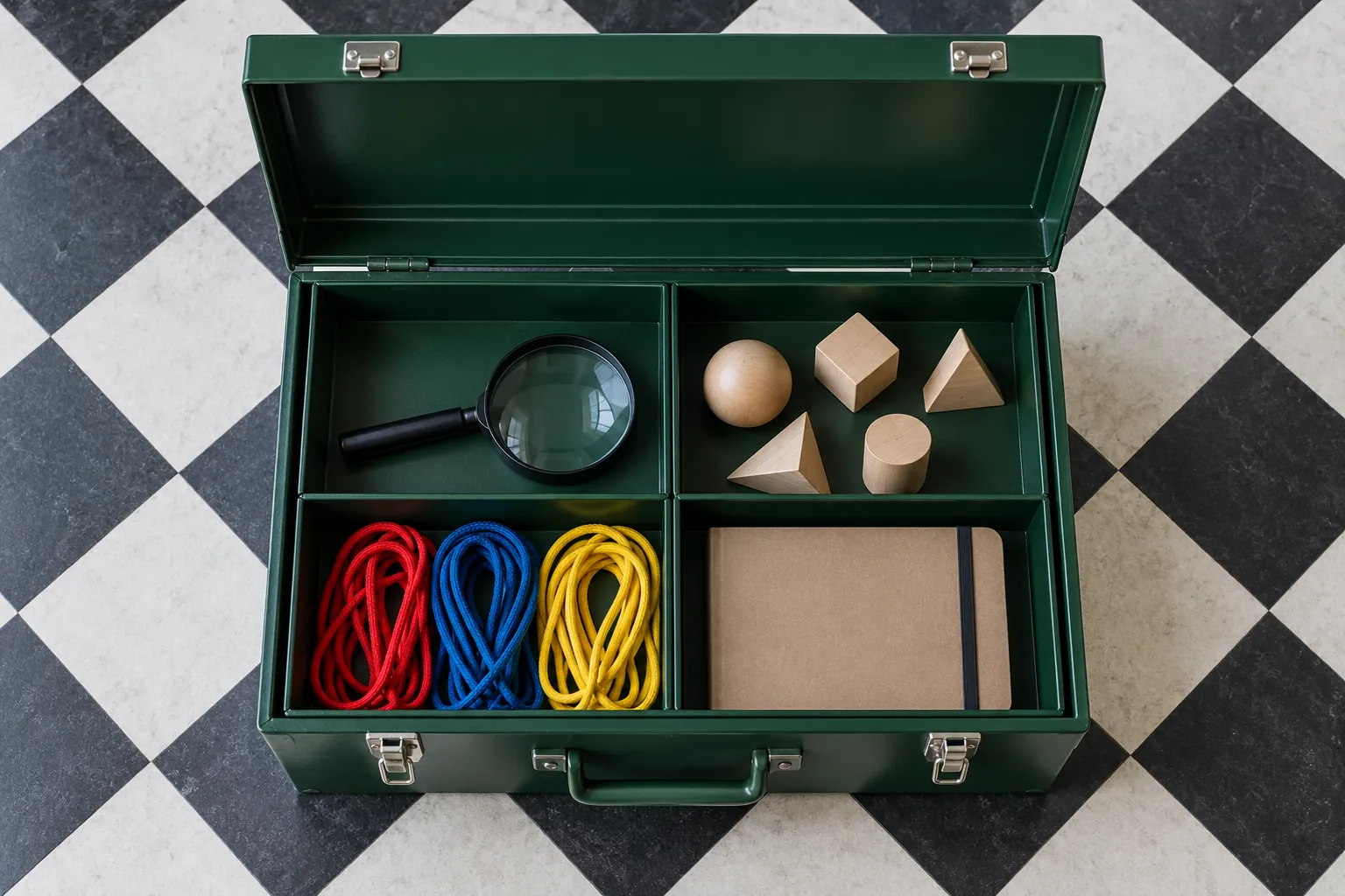 Illustration: An open green learning chest on a checkerboard workshop floor.