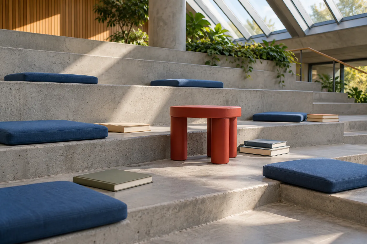 Illustration: Plain closed books and empty blue seat cushions spaced on broad indoor concrete steps around a red low stool.