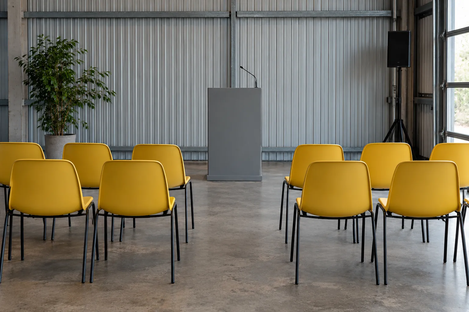 Illustration: Two short rows of empty yellow chairs face a plain grey lectern against corrugated metal in an anonymous converted workshop.