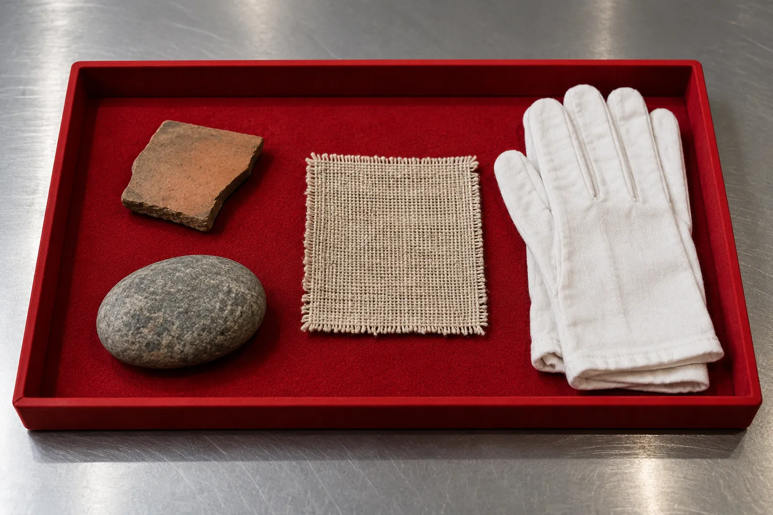 Illustration: An ordinary clay fragment, smooth stone, plain woven sample and cotton gloves in a red shallow tray on a brushed steel counter.