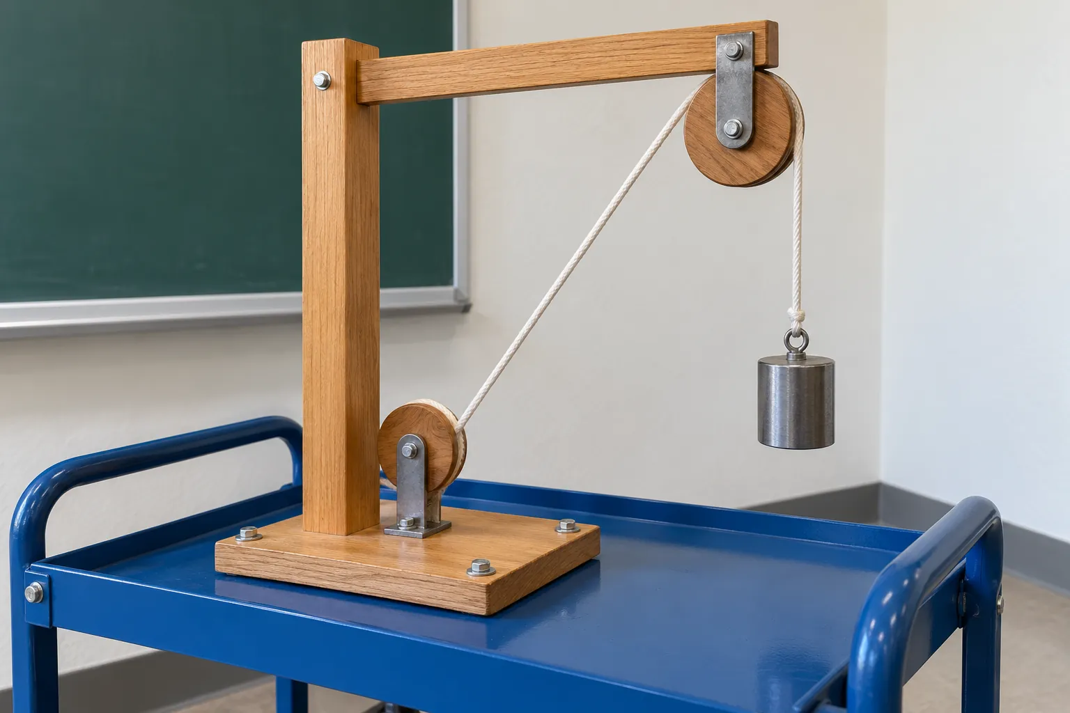 Illustration: A small mechanically plausible wooden pulley demonstration with cord and a single weight stands on a blue steel cart in a classroom corner.