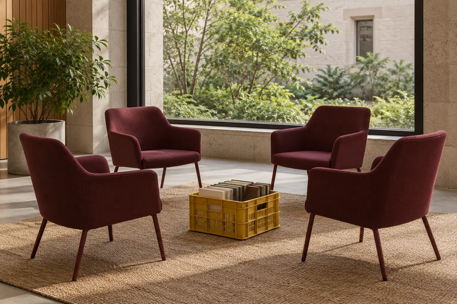 Illustration: Four empty burgundy chairs facing inward beside a large window onto an anonymous courtyard, blank notebooks in a yellow crate.