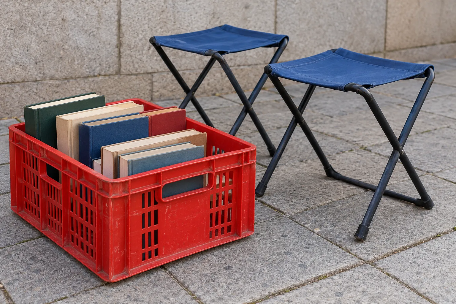 Illustration: Closed unlettered books of different sizes in a red plastic crate beside two empty blue folding stools on tiled paving.
