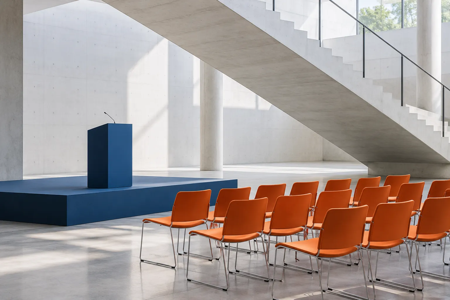 Illustration: A simple blue presentation stand and empty orange chairs in a white concrete atrium beneath broad stairs.
