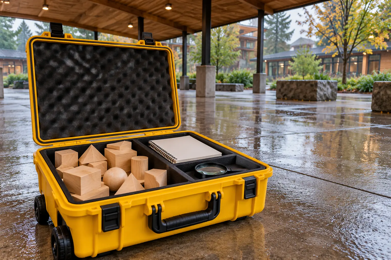 Illustration: A yellow wheeled case with plain geometry blocks, a magnifier and blank notebooks open beneath a covered schoolyard canopy.