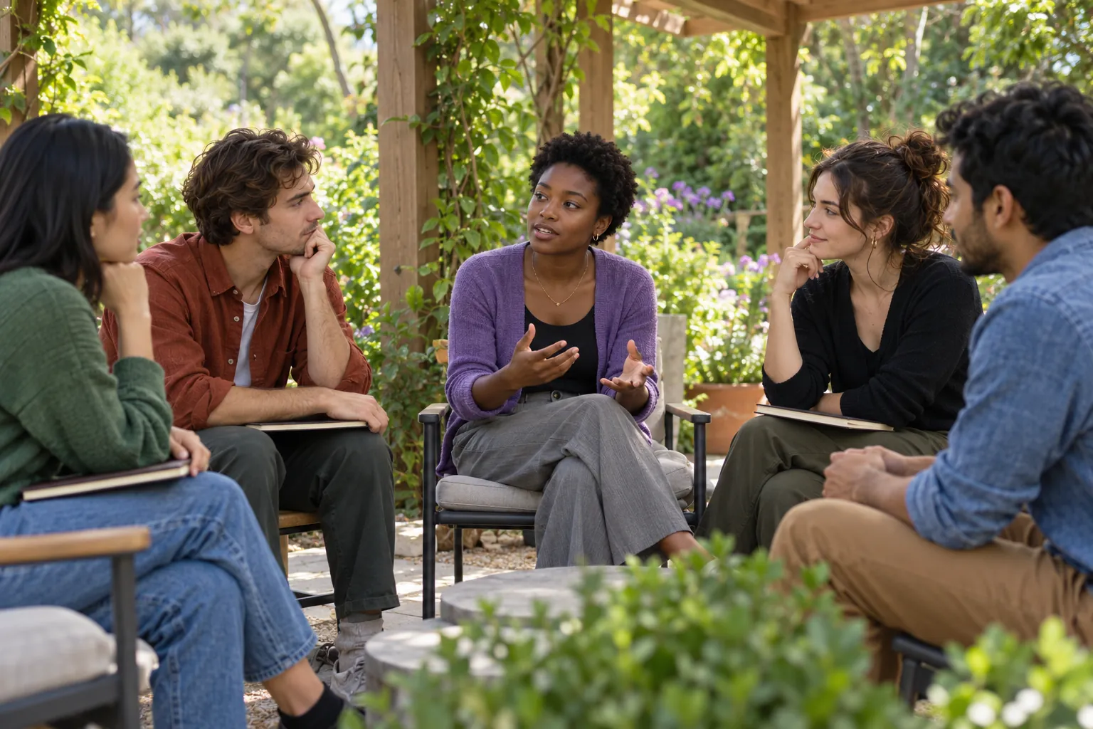 Illustration: Five young adults discuss a question beneath a garden pergola, seated in an open circle with notebooks closed.