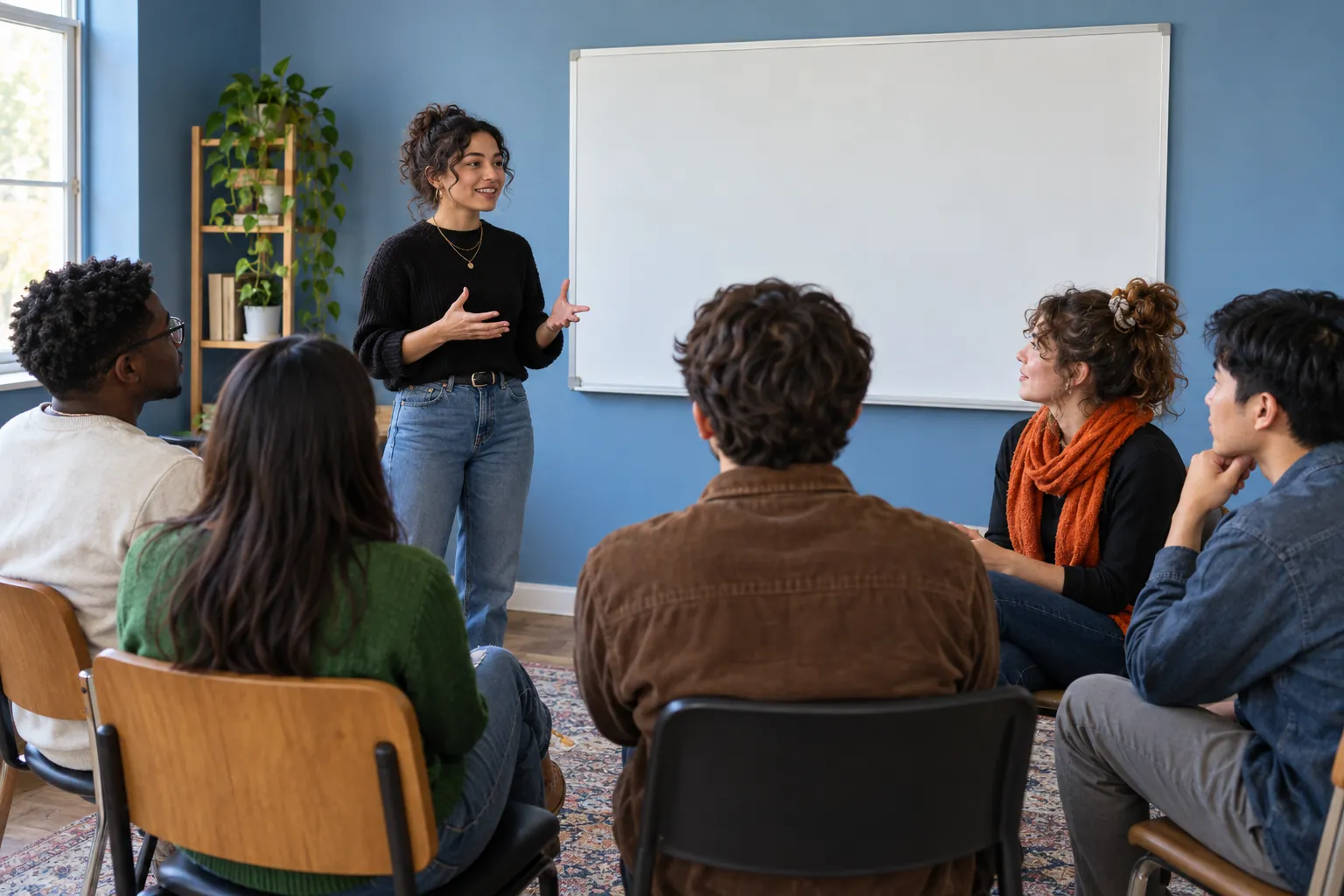 Illustration: Young adults listen to a peer giving a community talk beside a blank board.