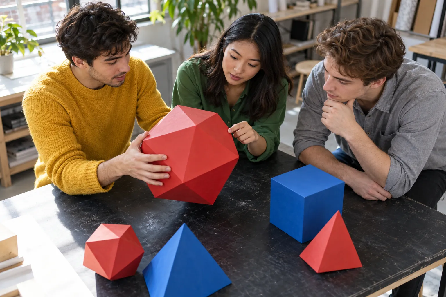 Illustration: Young adults compare geometric models during a study group.