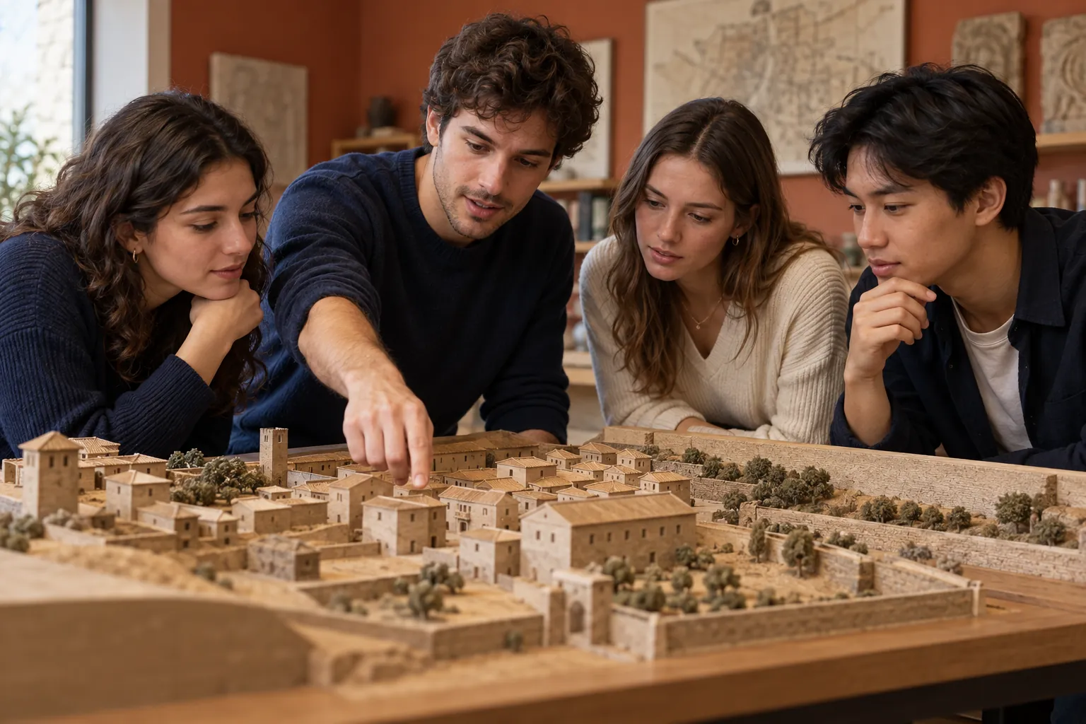 Illustration: Young adults study a small wooden model of an old settlement.