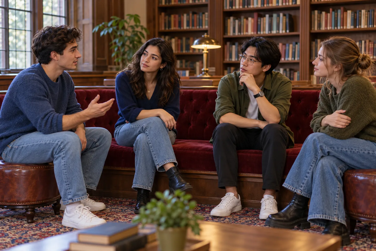 Illustration: Four young adults discussing a topic on a library bench.