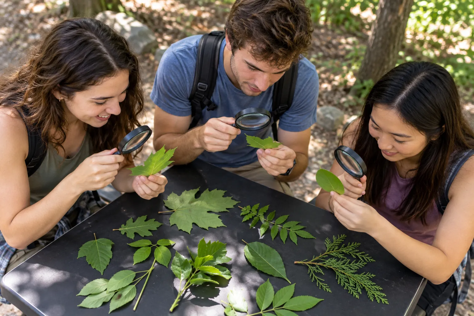 Illustration: Three young adults comparing leaves with magnifiers at an outdoor learning station.