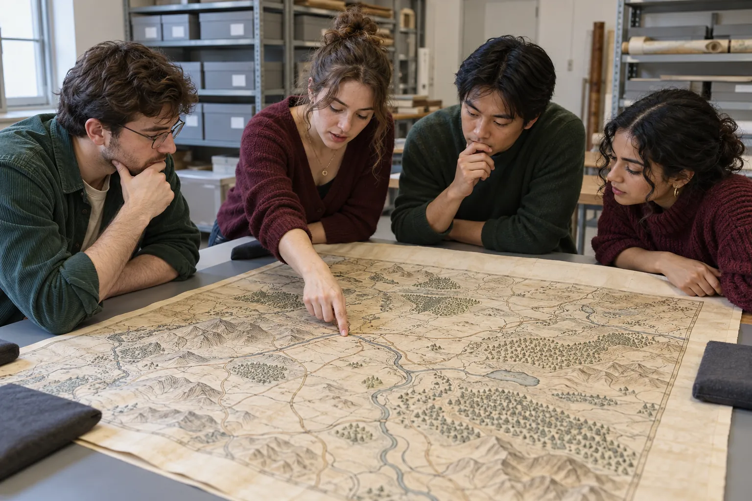 Illustration: Young adult peers discuss a hand-drawn historical map in an archive.