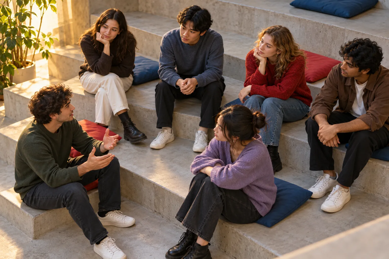Illustration: Young adults discussing a topic in a small indoor amphitheatre.